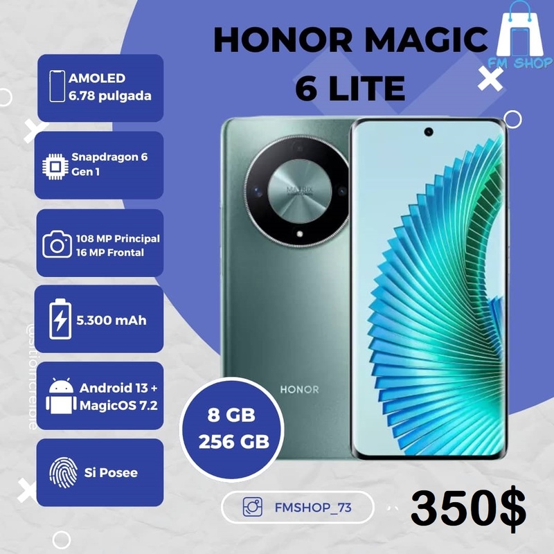 Pantalla: Tamaño: 6.78 pulgadas Tipo: AMOLED Resolución: 1200 x 2652 píxeles Brillo: Hasta 1200 nits Procesador: Modelo: Snapdragon 6 Gen 1 RAM: 8 GB Almacenamiento: 256 GB Cámara: Trasera: Principal de 108 MP Sensores adicionales de 5 MP y 2 MP Frontal: 16 MP Batería: Capacidad: 5800 mAh Carga rápida: 35 W Conectividad: 5G Dual SIM WiFi 5 Bluetooth 5.1 GPS, GLONASS, Galileo, BDS NFC Sistema Operativo: Android 13 con MagicOS 7.2 Características adicionales: Huella dactilar en pantalla Protección 360° anticaídas