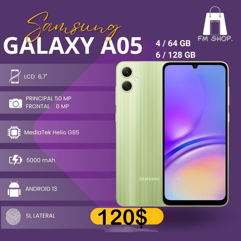 SubtítuloPantalla: Tamaño: 6.7 pulgadas Resolución: HD+ (720 x 1600 píxeles) Procesador: Modelo: MediaTek Helio G85 Velocidad: Hasta 2 GHz Memoria y Almacenamiento: RAM: Opciones de 4 GB o 6 GB Almacenamiento interno: 64 GB o 128 GB (ampliable mediante microSD) Cámara: Cámara trasera: Principal de 50 MP Secundaria de 2 MP Cámara frontal: 8 MP con grabación en FHD Batería: Capacidad: 5000 mAh Carga: Carga estándar (sin carga rápida destacada) Sistema Operativo: Android (versión específica puede variar) Conectividad: Dual SIM WiFi, Bluetooth, GPSulo